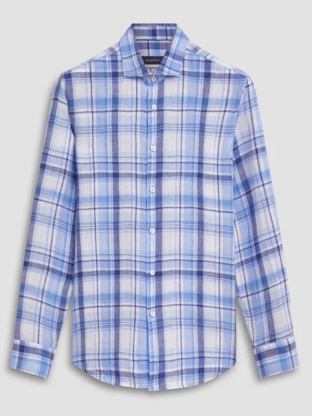 Bugatchi Axel Plaid Linen Button Down Shirt Blue White Check Shaped Fit XL